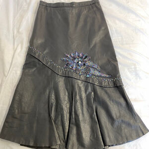 Vintage 90s Black Embellished Leather Midi Skirt | 100% Genuine Leather | S